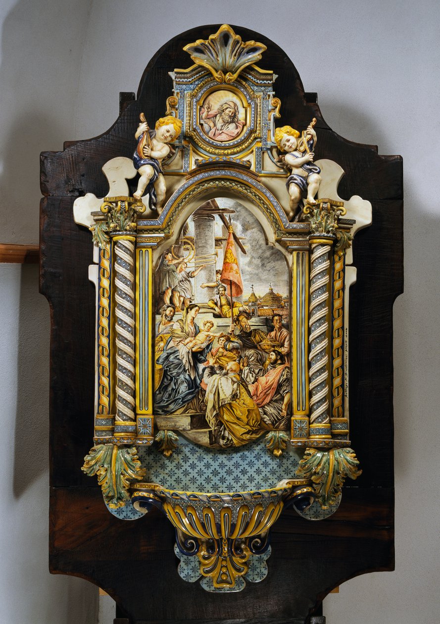 Suuri pyhävesisäiliö maalatussa majolikassa, jossa on keskikohta Francesco Solimenan (1657-1747), Italia, 1900-luku maalauksesta Adoration of the Magi tekijältä Francesco Solimena