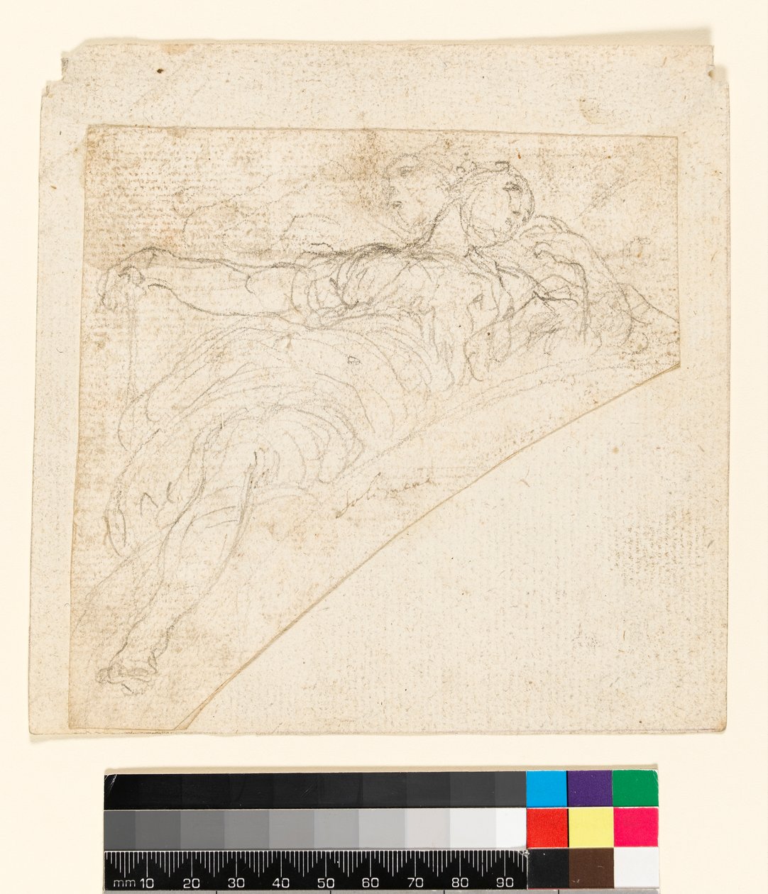 Recto: Tutkimus naishahmolle spandrelissa. Verso: Piirustus paperin takapuolelle, ennen vuotta 1747 tekijältä Francesco Solimena