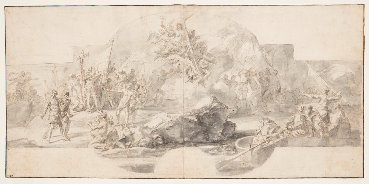 Tutkimus maalausta varten "Kolumbuksen laskeutuminen Amerikassa", Sala del Minor Consiglio, Palazzo Ducale, Genova, Italia tekijältä Francesco Solimena