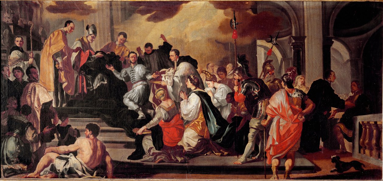 Lombard-kuningas Ratchis (Ratgis) (744-749) munkin tapana Mount Cassinin luostarissa (Mount Cassin, Monte Cassino) Francesco Solimenan (1657-1747) maalaus Museo dell
