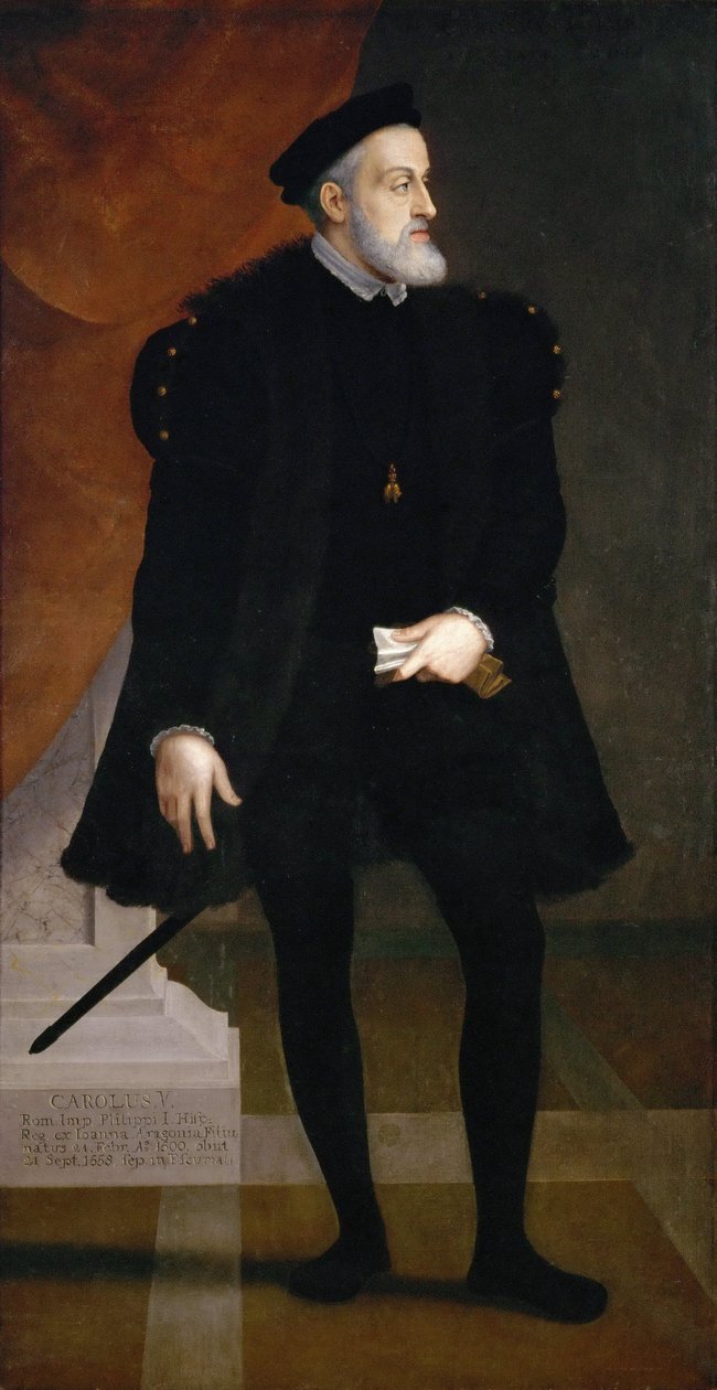 Keisari Kaarle V:n (1500-1558) muotokuva - Francesco Terzio (Terzi) (n. 1523-1591). Öljy kankaalle, c. 1550. Mitat : 204x108 cm. Taidehistoriallinen museo, Vienne tekijältä Francesco Terzio