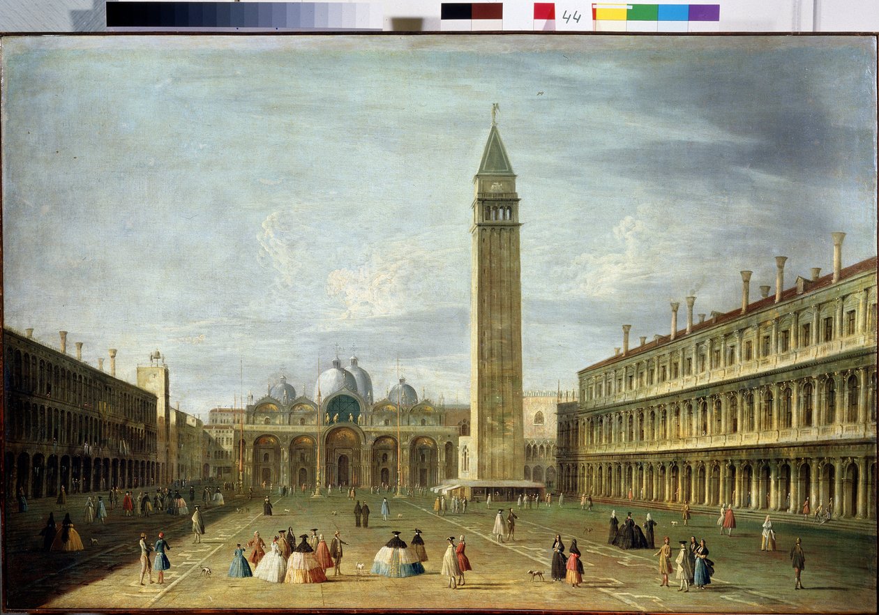 Pyhän Markuksen aukio (San Marco) (tai Piazzetta) Venetsiassa Pyhän Markuksen basilikan ja Campanilen kanssa. (Pyhän Markuksen aukio Venetsiassa). Francesco Tironin (1745-1797) maalaus. Öljy kankaalle, 72 x 109 cm. 1700-luvun venetsialaista taidetta. Valti tekijältä Francesco Tironi
