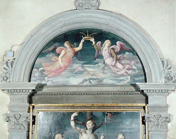 SS. Benedict, Dominic ja Sebastian (yksityiskohta lunetta) (öljy paneelissa) (katso myös 192539 ja 192540) tekijältä Francesco Ubertini Il Bacchiacca