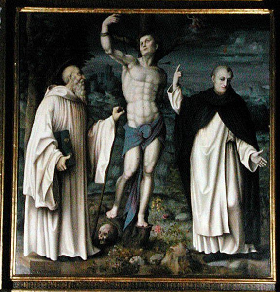 SS. Benedict, Dominic ja Sebastian (öljy paneelille) (katso myös 192538 ja 192540) tekijältä Francesco Ubertini Il Bacchiacca