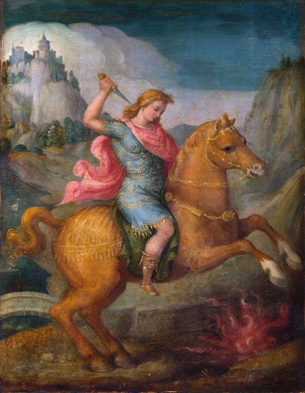 ""Marcus Curtius"" Rohkea Marcus Curtius, Rooman kansalainen, uhraa itsensä roomalaisille jumalille heittäytymällä kuiluun foorumissa vuonna 362 eKr. - Francesco Ubertinin tai Francesco d