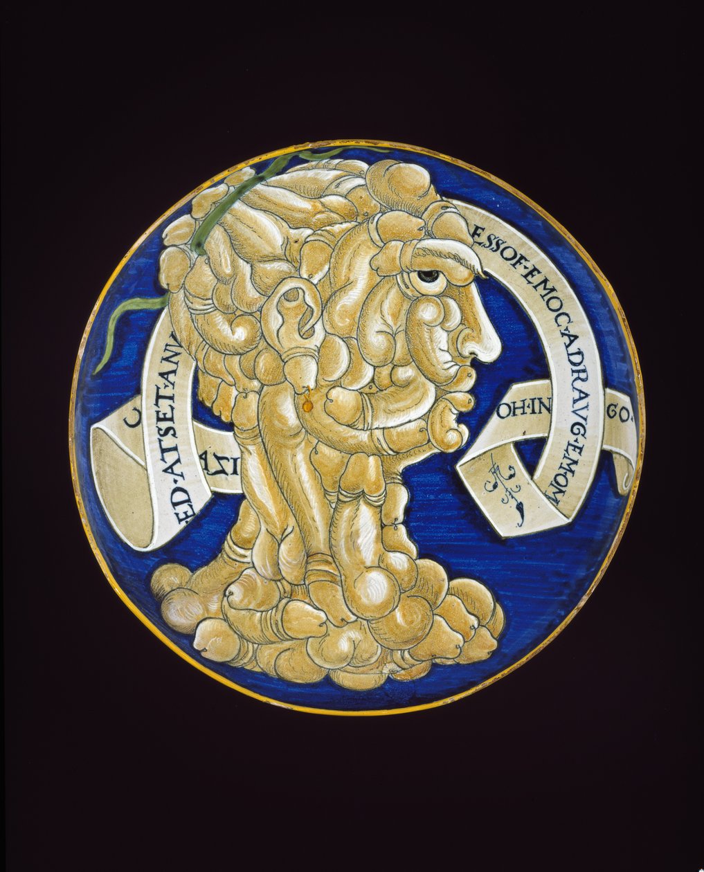 Astia, jossa peniksen yhdistelmäpää, n. 1536 (tinalasitettu keramiikka, maiolica) tekijältä Francesco Urbini