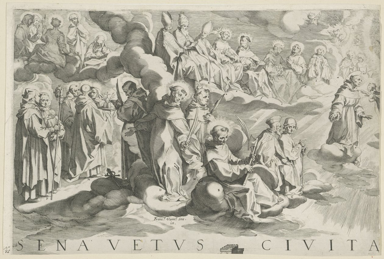 Sienan kartta (vasen yläosa) Senavetus civitas virginis (otsikko esineessä) tekijältä Francesco Vanni