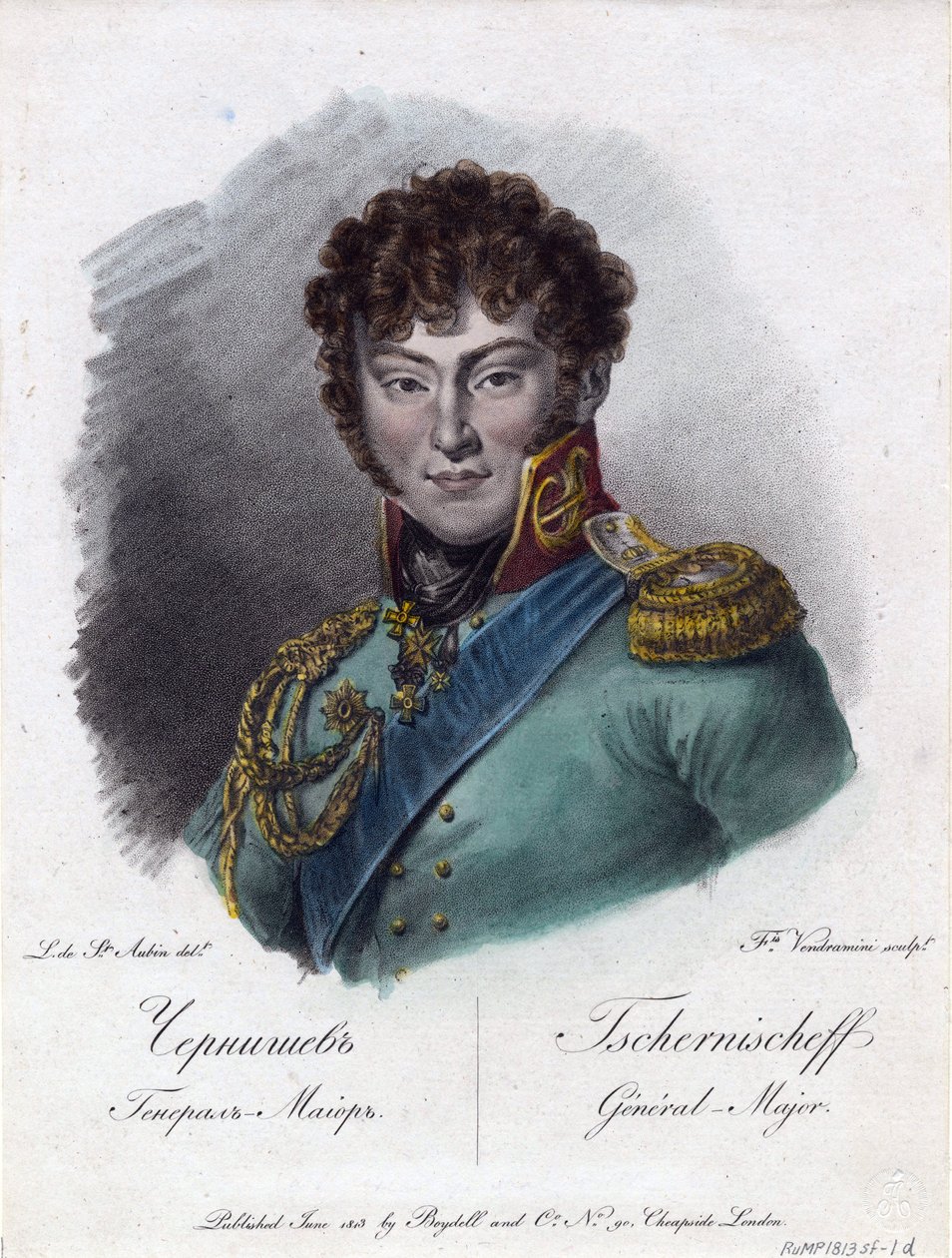 Kreivi Aleksandr Ivanovitš Tšernyšovin muotokuva (prinssi Alexandre Ivanovitch Tchernychev ou Tchernychiov ou Czernichev) (1786-1857) - Vendramini, Francesco (1780-1856) - 1813 - Etsaus, akvarelli - 24,2x18,2 tekijältä Francesco Vendramini