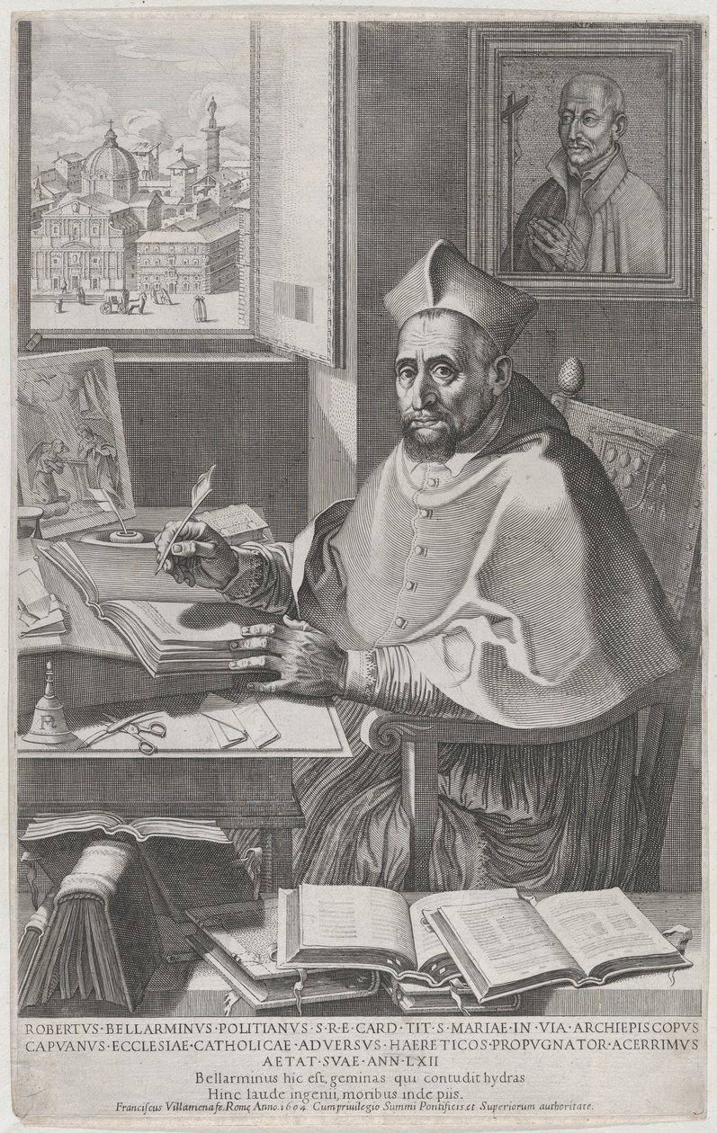 Kardinaali Roberto Bellarmino pöytänsä ääressä, kirjoittaa, 1604. tekijältä Francesco Villamena