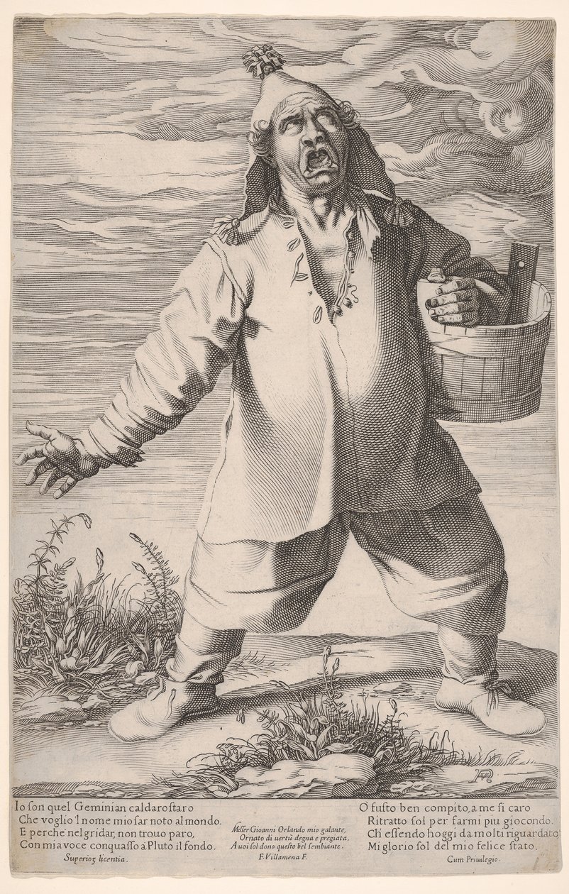Geminiano Caldarostaro itkemässä ja pitelemässä kylpyammetta, tupsuhattu, n. 1597-1601. tekijältä Francesco Villamena