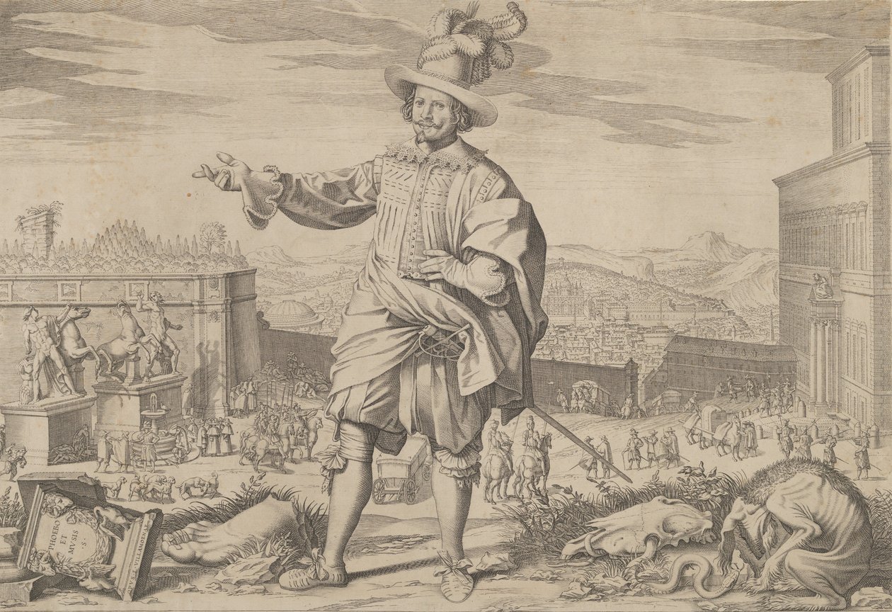 Muotokuva Ioannes Altus Johann Altenista, sveitsiläiskaartista, seisomassa Quirinalin ja..., 1623. tekijältä Francesco Villamena