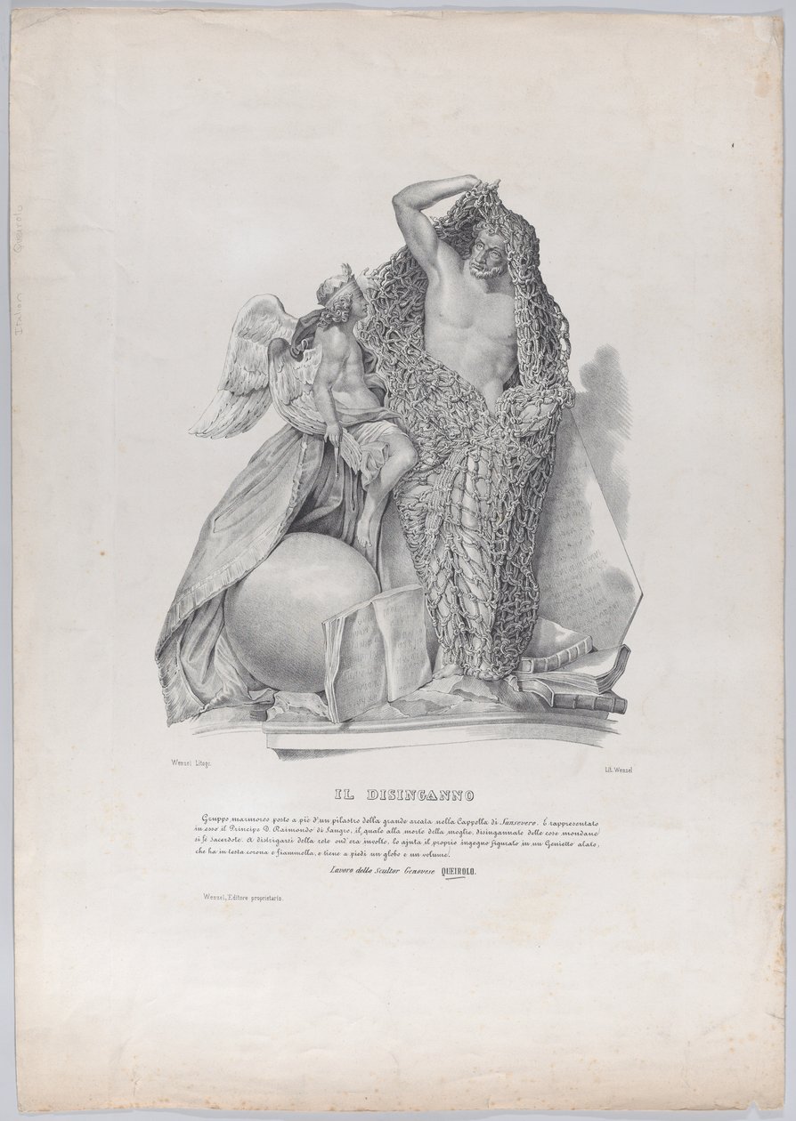 Prinssi Raimondo di Sangro irrottautumassa maallisten huolien verkosta ..., n. 1840-50. tekijältä Francesco Wenzel