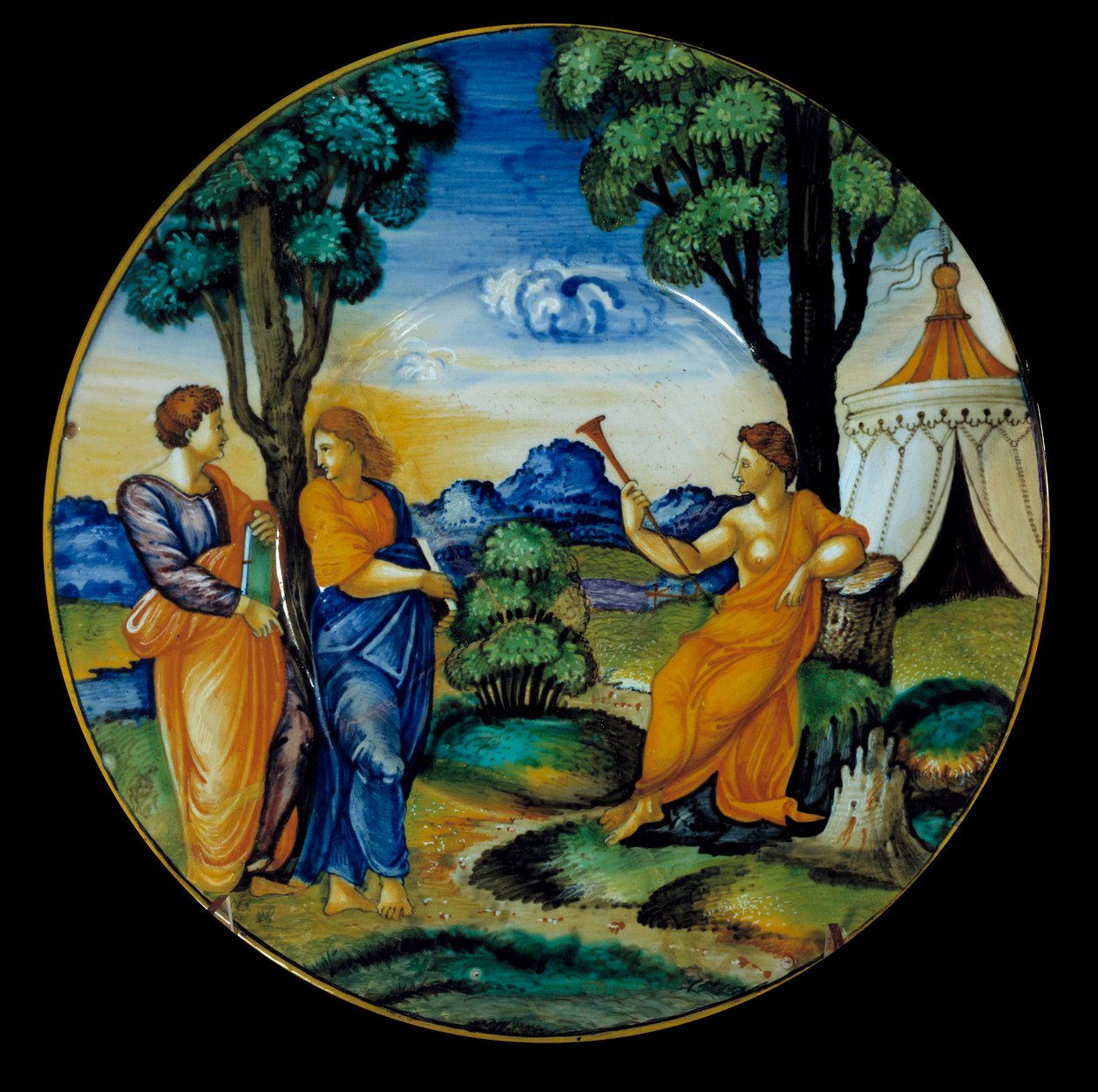 Parnassusta edustavan Francesco Xanto Avelin (toiminut noin 1530/1540) valmistama fajanssi. Toteuta Urbinossa. 1530. Pariisi, Louvre-museo tekijältä Francesco Xanto Avelli