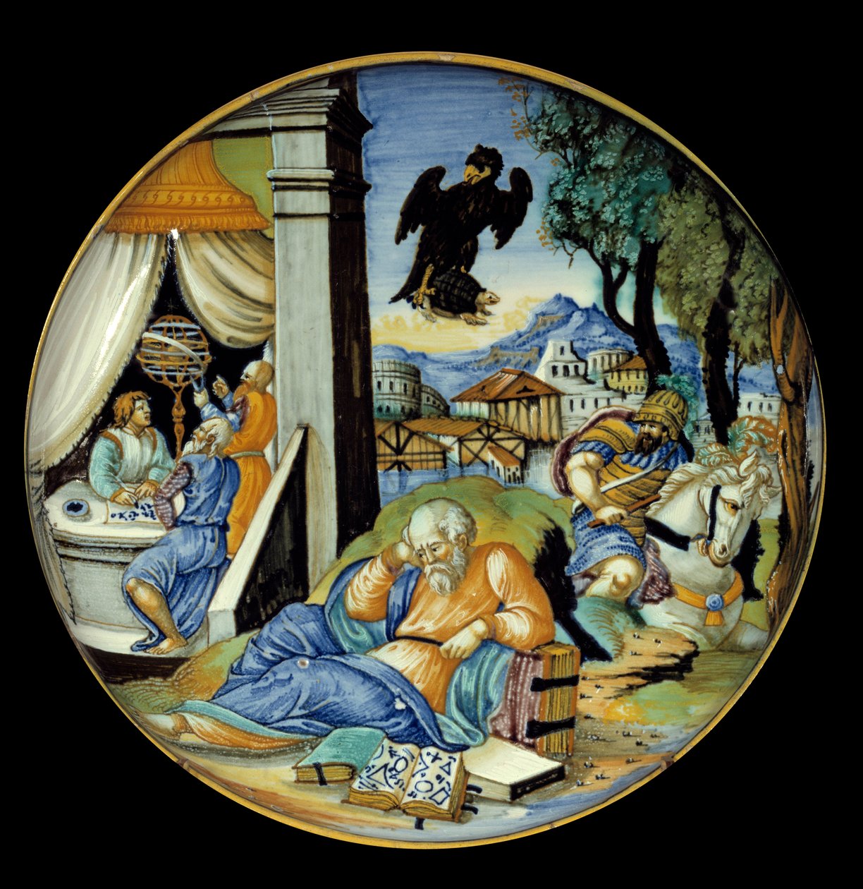 Matala jalkaleikkaus: Kohtallegoria. Fajanssi. Valmistaja Francesco Avelli Xanto (aktiivinen noin 1530/1540) tekijältä Francesco Xanto Avelli