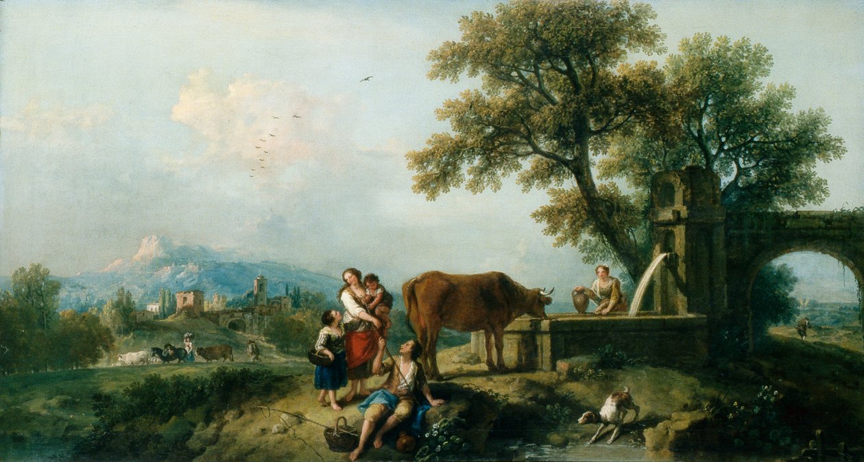 Pastoraalikohtaus lehmäkarjaa seuraten, noin 1750 (öljy kankaalle). tekijältä Francesco Zuccarelli