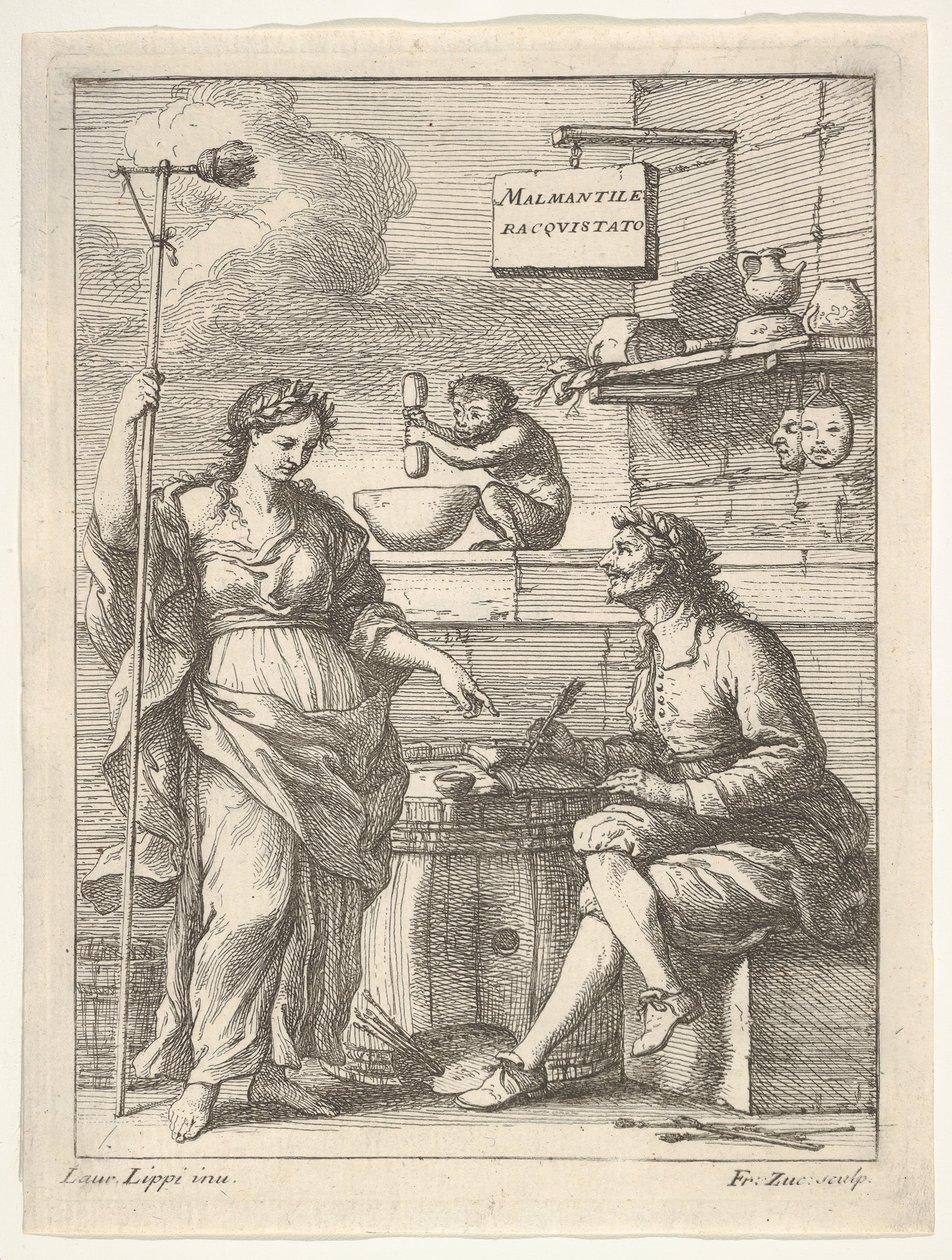 Apina, joka työskentelee huhmareella ja survin, alapuolella Lorenzo Lippi kirjoittaa humoristista ..., n. 1710-64. tekijältä Francesco Zuccarelli
