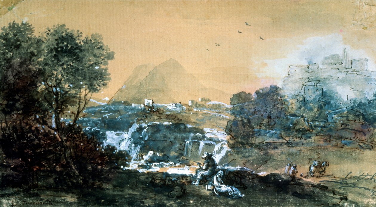 Maisema ja vesiputous, italialainen maalaus 1700-luvulta. tekijältä Francesco Zuccarelli