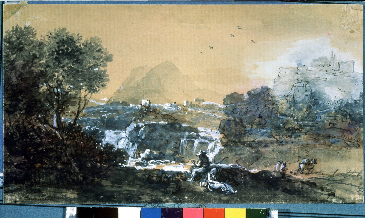 Paisatge amb cascada. Dibuix de Francesco Zuccarelli (1702-1788). Aquarel·la i tinta sobre paper finlandès tekijältä Francesco Zuccarelli