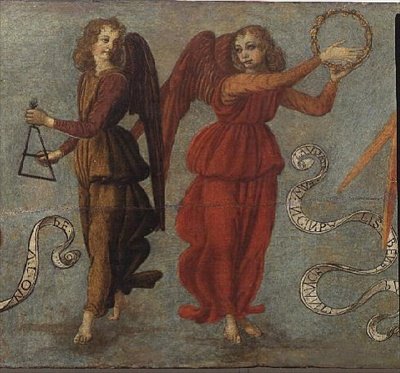 Enkelit soittamassa tamburiinia ja kolmiota, n.1475-97 (tempera paneelissa) (64871:n tiedot, katso myös 64872 ja 64874) tekijältä Francesco attr. to Botticini