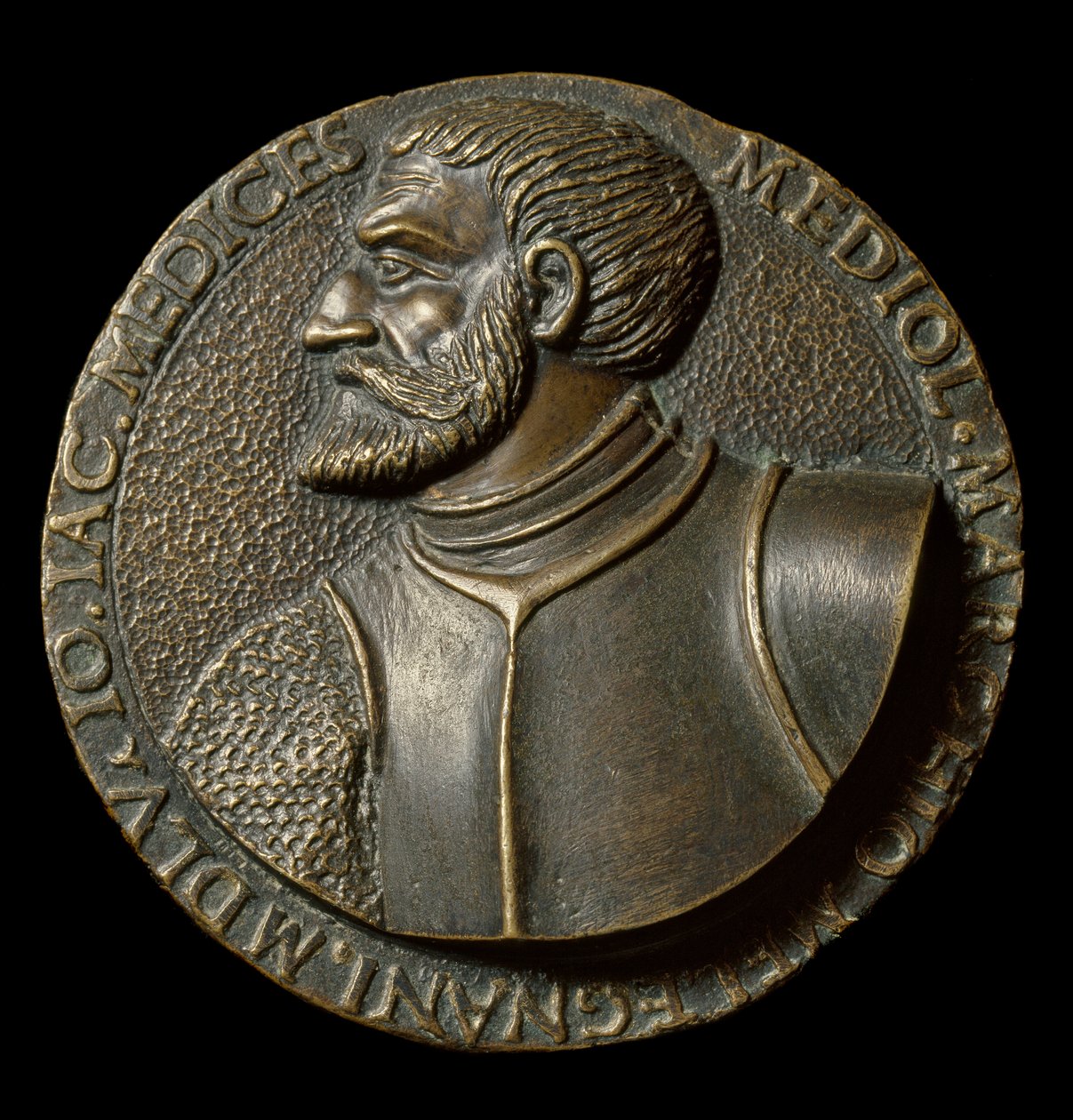 Gian Giacomo de Medici dit il Medeghinon (1497-1556) rintakuva, Francesco da Sangallo dit il Margotta (1494-1576) valmistama italialainen Condottiero-mitali Firenze, Bargellon kansallismuseo tekijältä Francesco da Sangallo