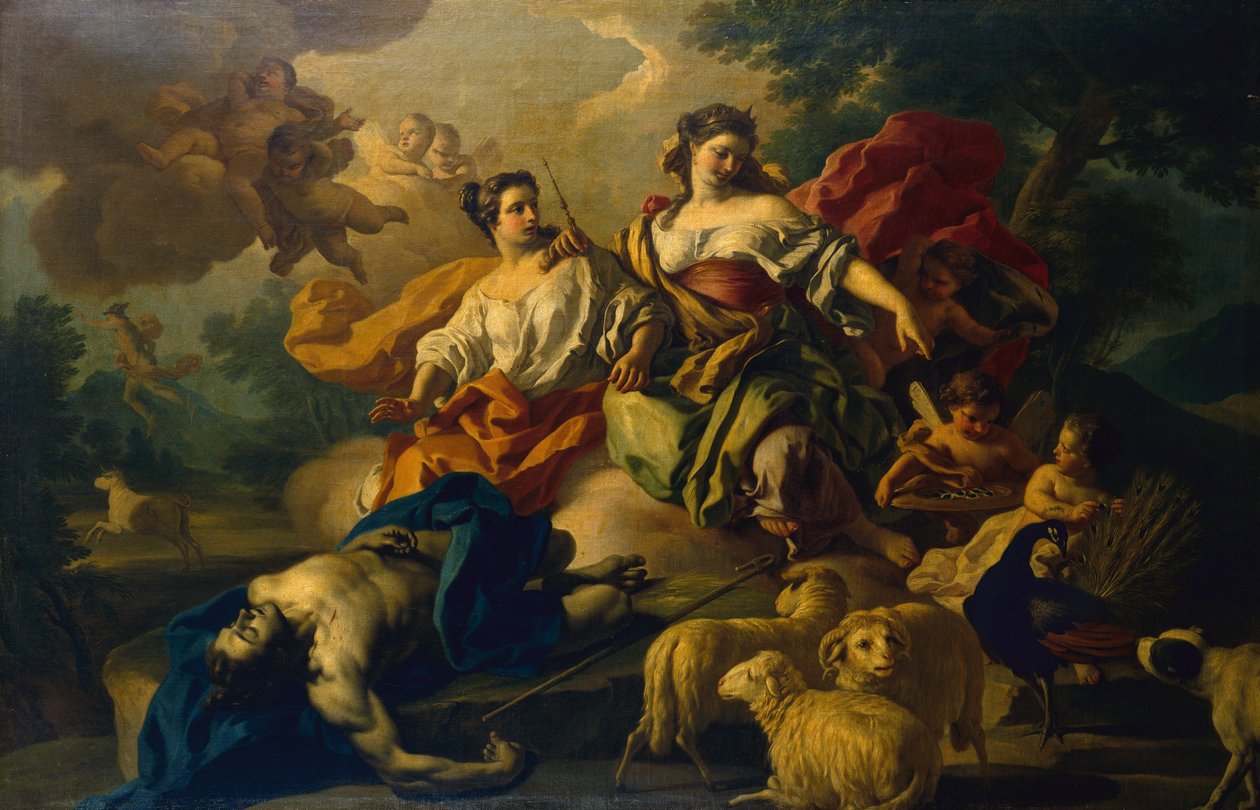 Juno asettaa Argon silmät riikinkukon häntään (öljy kankaalle) tekijältä Francesco de Mura