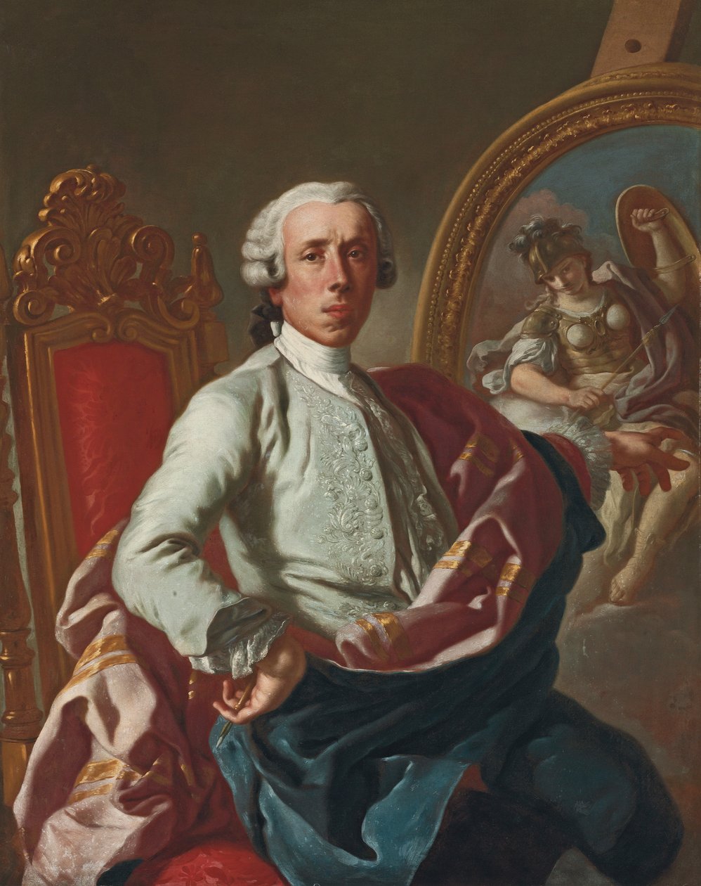 Taiteilijan muotokuva, kolme neljäsosaa, istuva, kynä kädessään, maalausteline, jossa Minervan kuva tekijältä Francesco de Mura