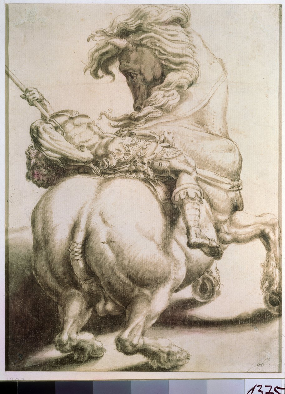 Ratsastaja keihään lävistettynä. Francesco de Rossin (1510-1563) piirros. Grisaille paperille, 20 x 15 cm tekijältä Francesco de Rossi Salviati