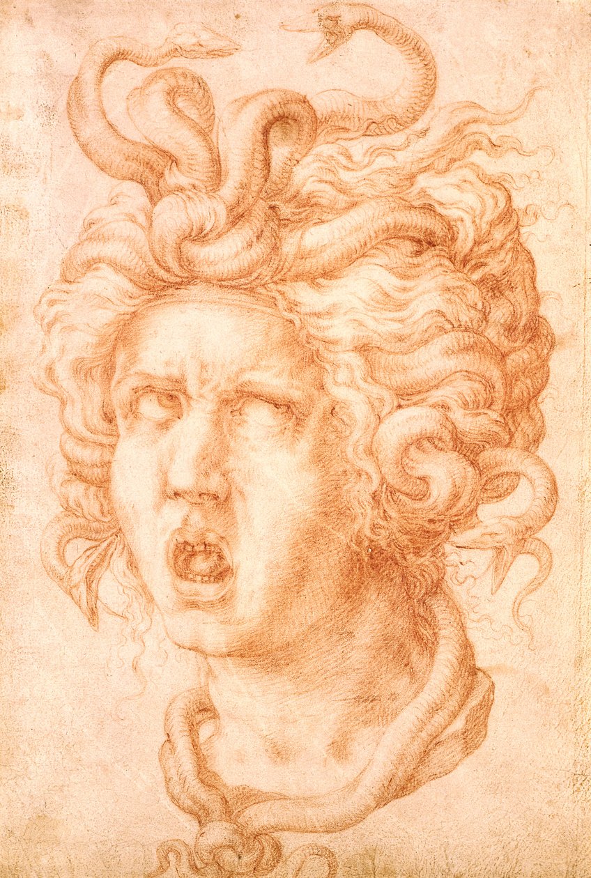 Medusa (punainen liitu luonnonvalkoiselle paperille) tekijältä Francesco de Rossi Salviati Cecchino