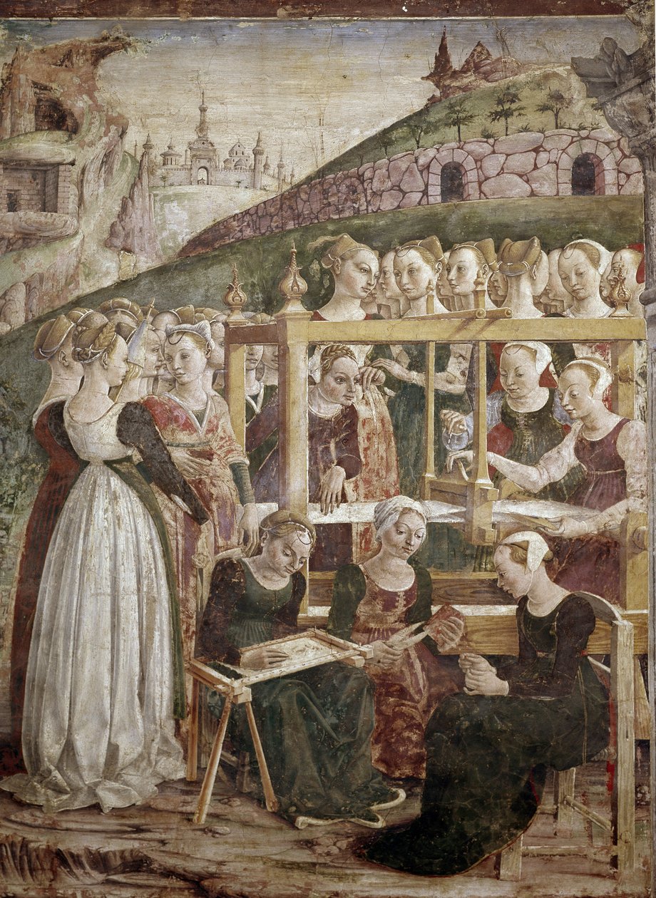 Allegoria marssista, yksityiskohta Minervan voitosta naisten kutomalla) yksityiskohta - Francesco del Cossan fresko (n. 1436-vers 1478) Ferrara (Ferrara) Palazzo Schifanoia, Salone dei Mesi tekijältä Francesco del Cossa