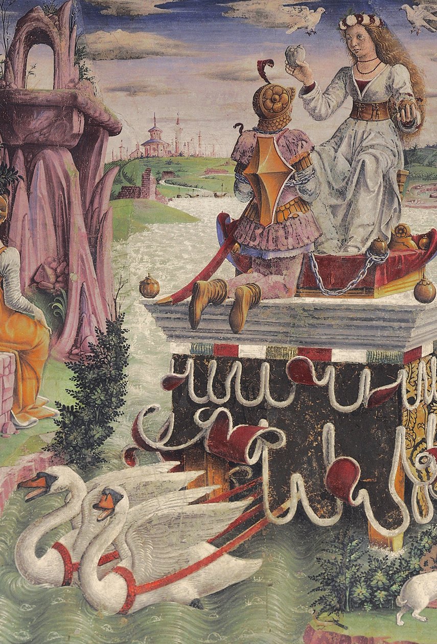 Venuksen voitto ja Härän merkki, kohtauksia huhtikuusta, itäseinä, Kuukausien sali, Palazzo Schifanoia (Ilon palatsi), Ferrara, Emilia-Romagna, Italia, n. 1470 (fresko) (yksityiskohta 763493) tekijältä Francesco del Cossa