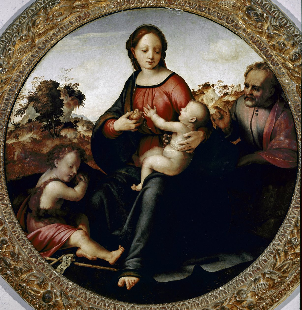 Pyhä perhe pienellä Johannes Kastajalla (Pyhä perhe pienellä Johannes Kastajalla) Francesco di Cristofano dit il Franciabigion maalaus (1482 Ð1525) noin 1516 Dim 97 cm Florence Galleria del 