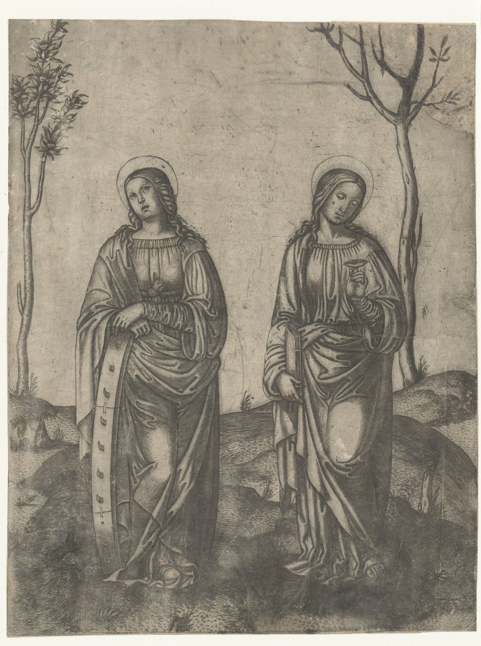 Pyhät Katariina rikkinäisen pyörän kanssa ja Lucia silmät astiassa tekijältä Francesco di Francia (attributed to)