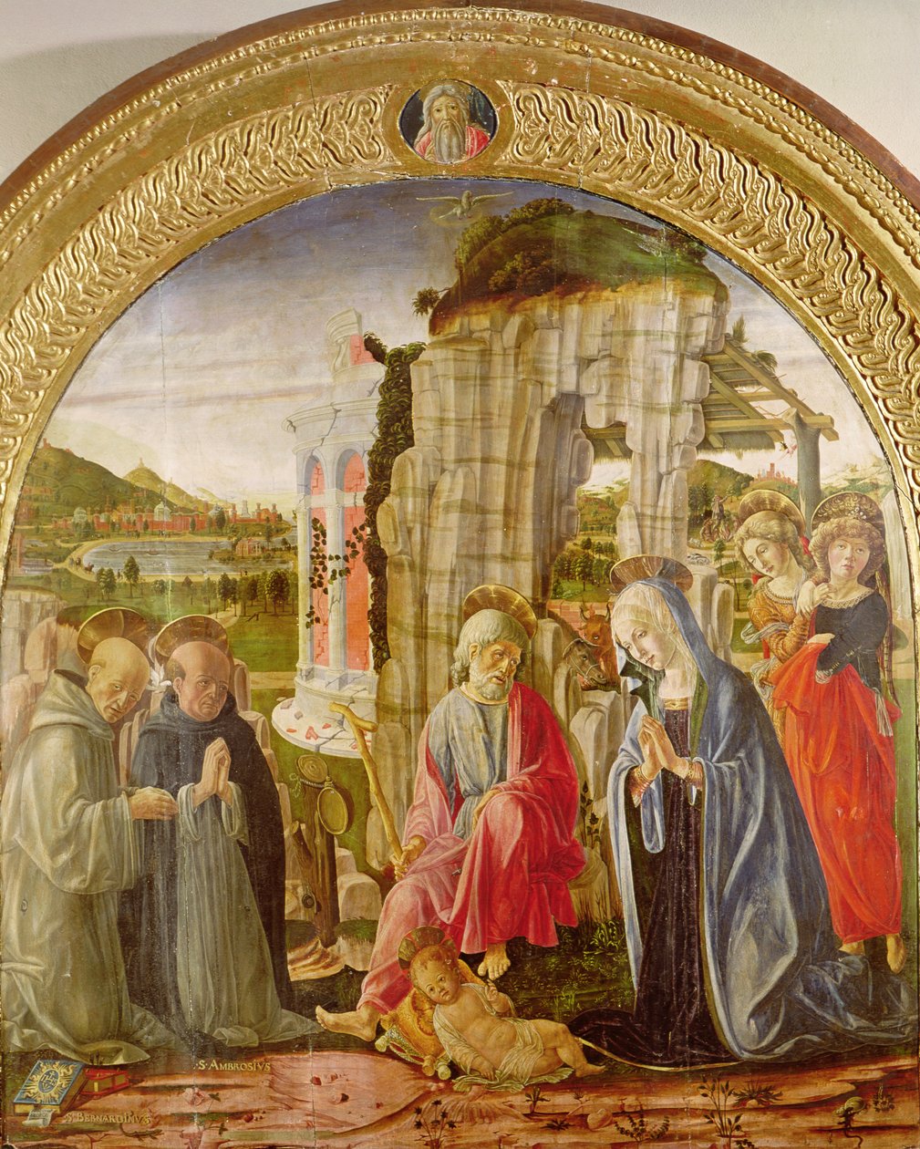 Pyhän Ambroseen ja St. Bernardin lapsen palvonta (öljy paneelissa) tekijältä Francesco di Giorgio Martini