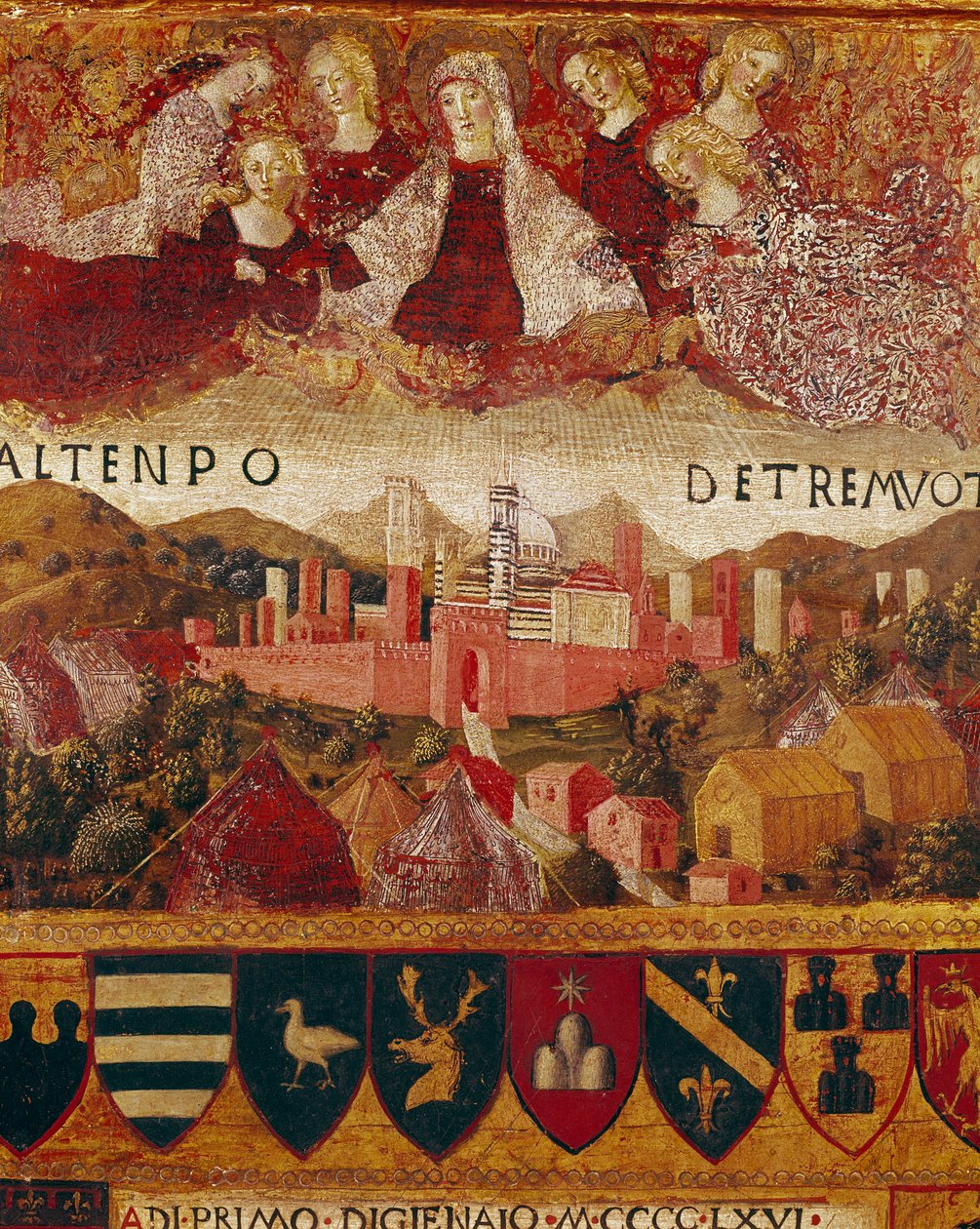 Ex voto (tai ex voto): "" Neitsyt Maria suojeli Sienan kaupunkia vuosien 1466-1467 maanjäristysten aikana"" Yksityiskohta. Francesco di Giorgio Martinin (1439-1502) puumaalaus Bicchernaa koristamassa (Sin kaupungin kirjanpitorekisterin kansi tekijältä Francesco di Giorgio Martini