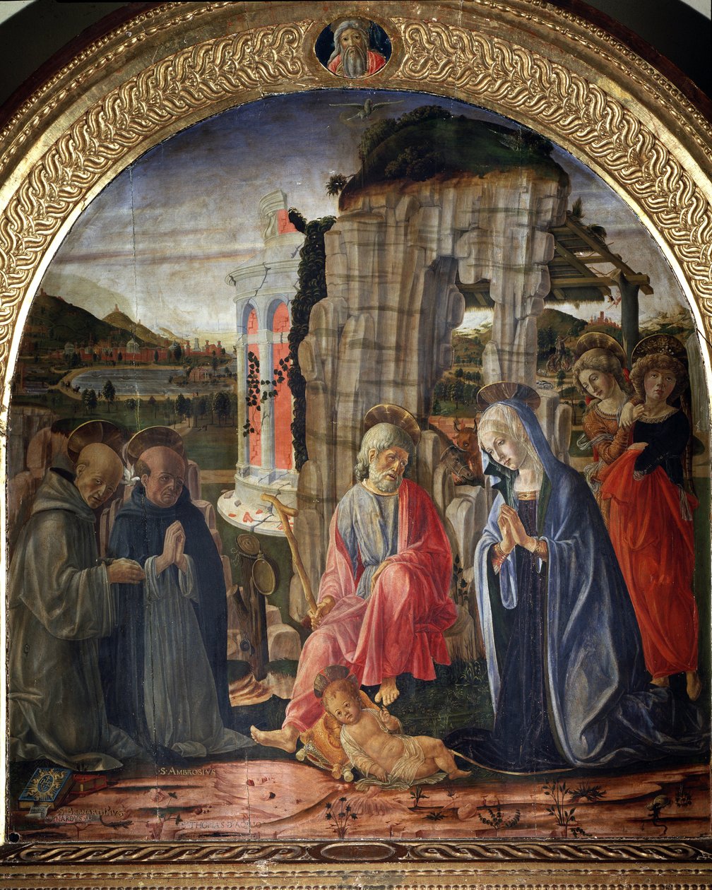Seimi pyhän Bernardin ja pyhän Thomas Aquinoksen kanssa - Maalaus tekijältä Francesco di Giorgio Martini