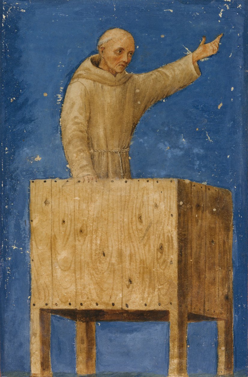 Saint Bernardino saarnaa saarnatuolilta, n. 1470-75. tekijältä Francesco di Giorgio Martini