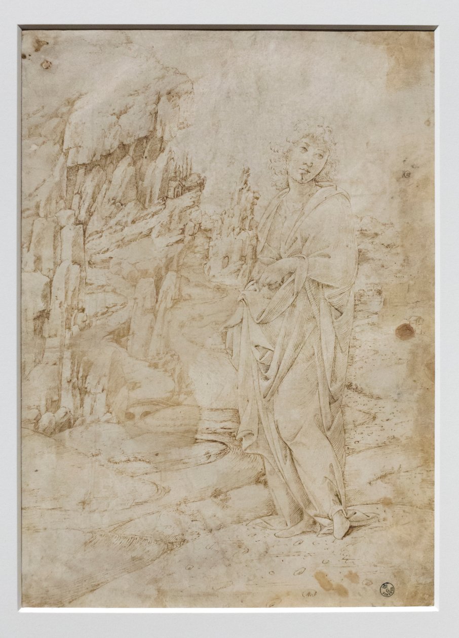 Nuori mies kalliomaisemassa, n.1475-80 (kynä ja mustaa ja ruskeaa mustetta, jälkiä metallikärjestä pergamentilla). tekijältä Francesco di Giorgio Martini