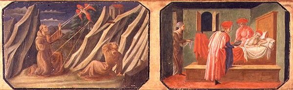 (LtoR) Pyhä Franciscus Assisilainen vastaanottamassa stigmat, SS. Cosmas ja Damian parantavat sairaan miehen; kopiot alkuperäisistä paneeleista, jotka ovat osa Filippo Lippin Predella to the Madonna and Child Thronned -elokuvaa tekijältä Francesco di Stefano Pesellino
