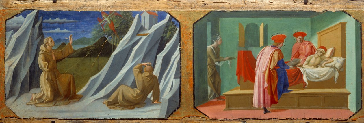 Pyhä Francois Assisilainen vastaanottamassa stigmoja, Pyhä Cosimo (Tule tai Cosimo) ja Saint Damien hoitamassa sairasta Francesco di Stefano dit Pesellinon (n. 1422-1457) maalauksia puulle 1400-luvun su. 0,32x0,94 m tekijältä Francesco di Stefano Pesellino