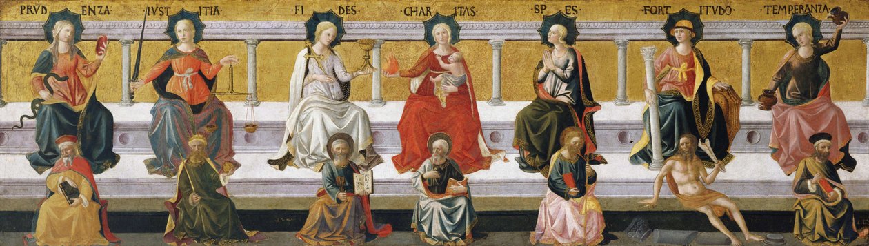 ""seitsemän hyvettä"" (Varovaisuus, oikeudenmukaisuus, usko, hyväntekeväisyys, toivo, voima, maltillisuus) Francesco di Stefano Pesellinon (1422-1457) maalaus noin 1450 Birminghamin taidemuseo, Birmingham, Alabama Yhdysvallat ©DeAgostini/Leemage tekijältä Francesco di Stefano Pesellino