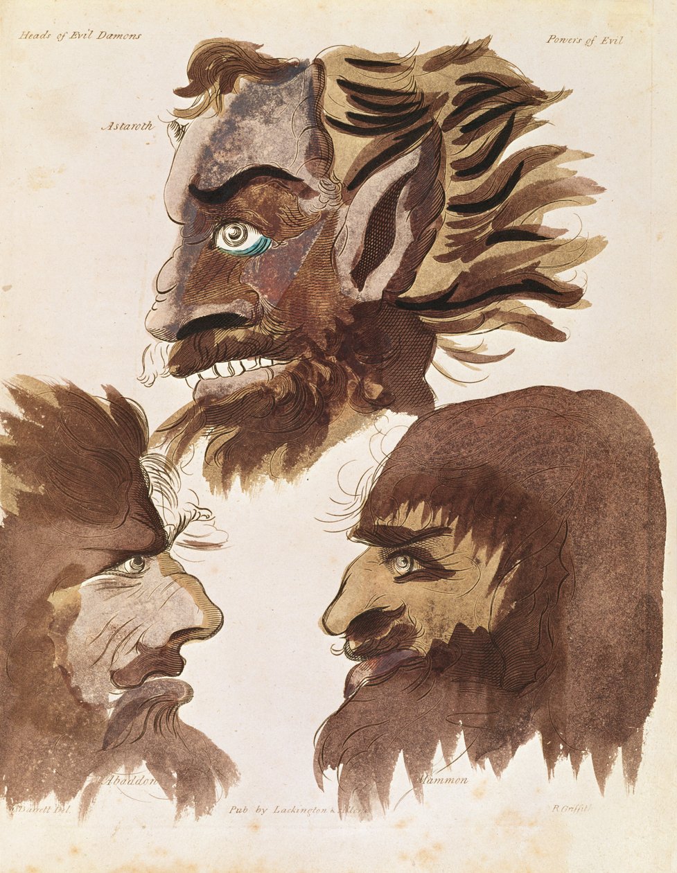 Astaroth, Abaddon ja Mammon, kolme demonia Francis Barrettin teoksesta The Magus, kaivertanut R. Griffith, julkaistu vuonna 1801 tekijältä Francis Barrett