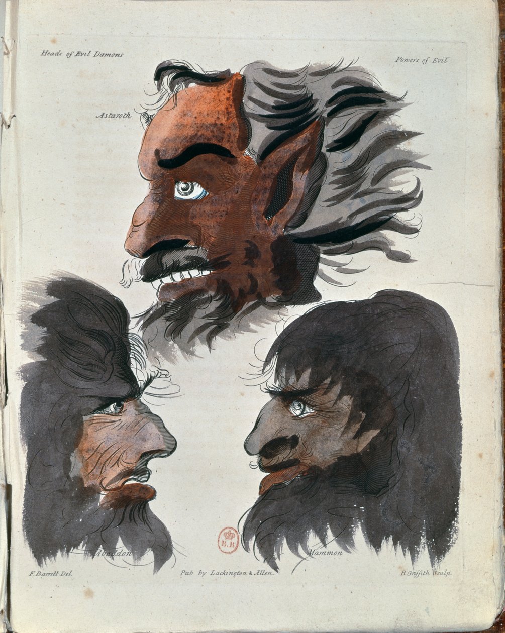 Astaroth, Abaddon ja Mammon, kolme demonia taiteilijan teoksesta "The Magus", kaivertanut R. Griffith, julkaistu vuonna 1801 tekijältä Francis Barrett