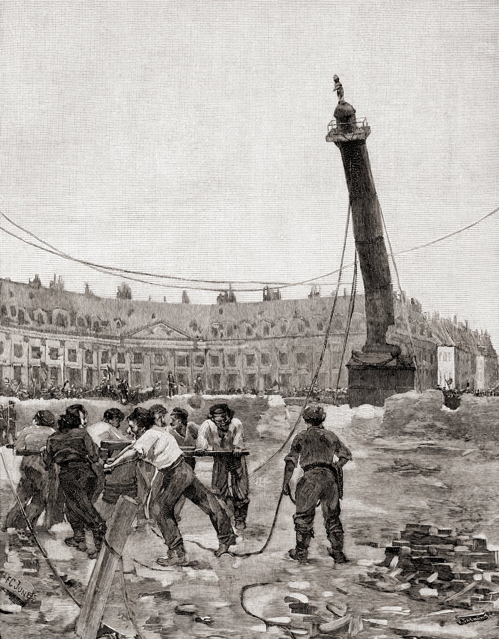 Vendômen pylvään kaataminen Pariisin kommuunin aikana Pariisissa, Ranskassa vuonna 1871, The Century Illustrated Monthly Magazine -lehdestä, julkaistu 1884 (puukaiverrus). tekijältä Francis Coates Jones