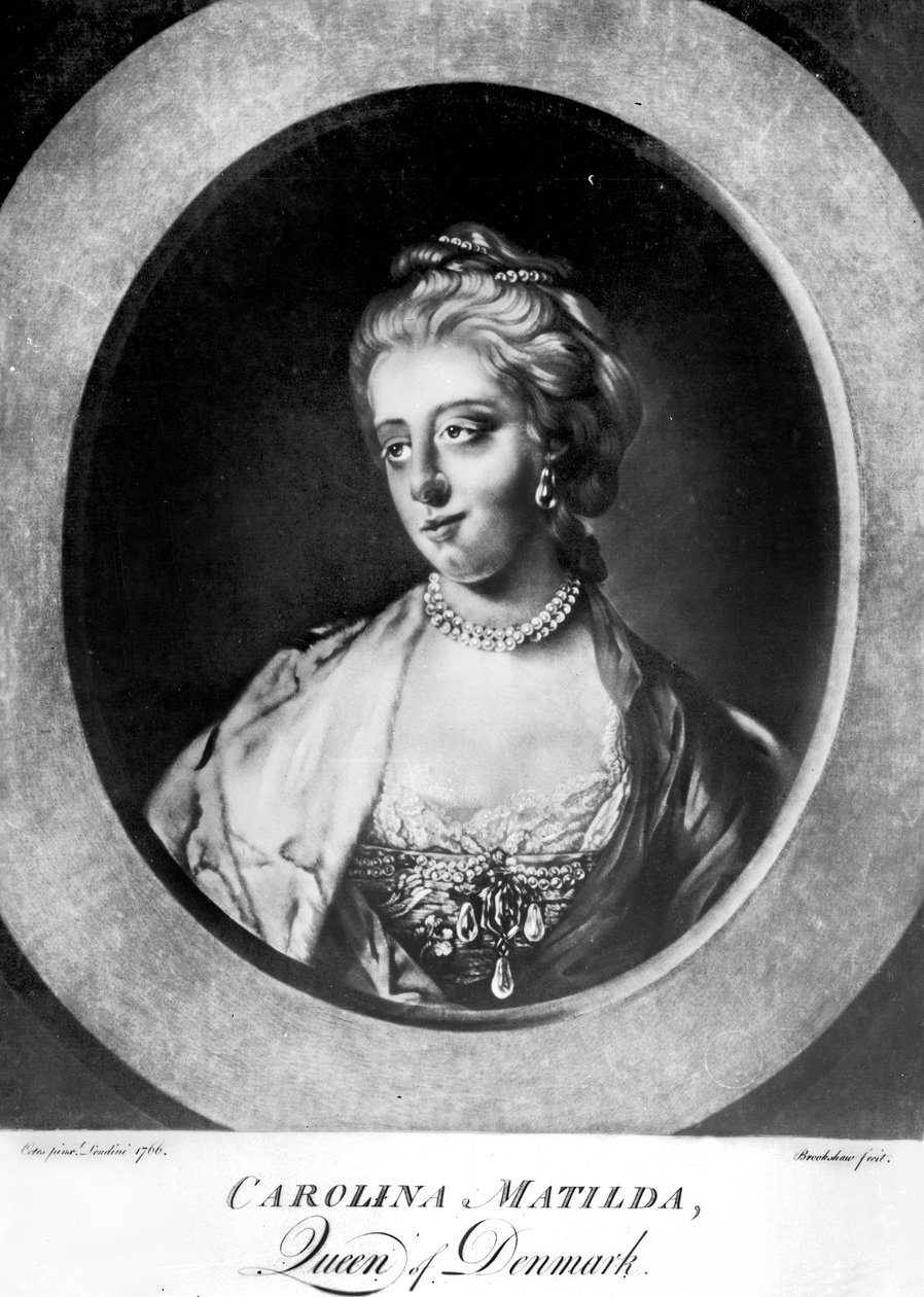 Caroline Matilda, Tanskan ja Norjan kuningatar, kaiverrus Brookshaw tekijältä Francis Cotes