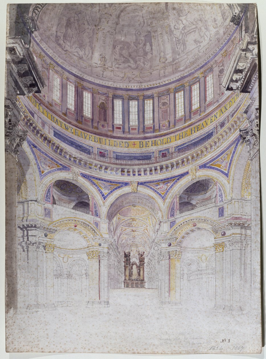 Paavalin katedraalin ehdotetun koristelun varhainen tutkimus, 1856-57 (wc paperilla) tekijältä Francis Cranmer Penrose