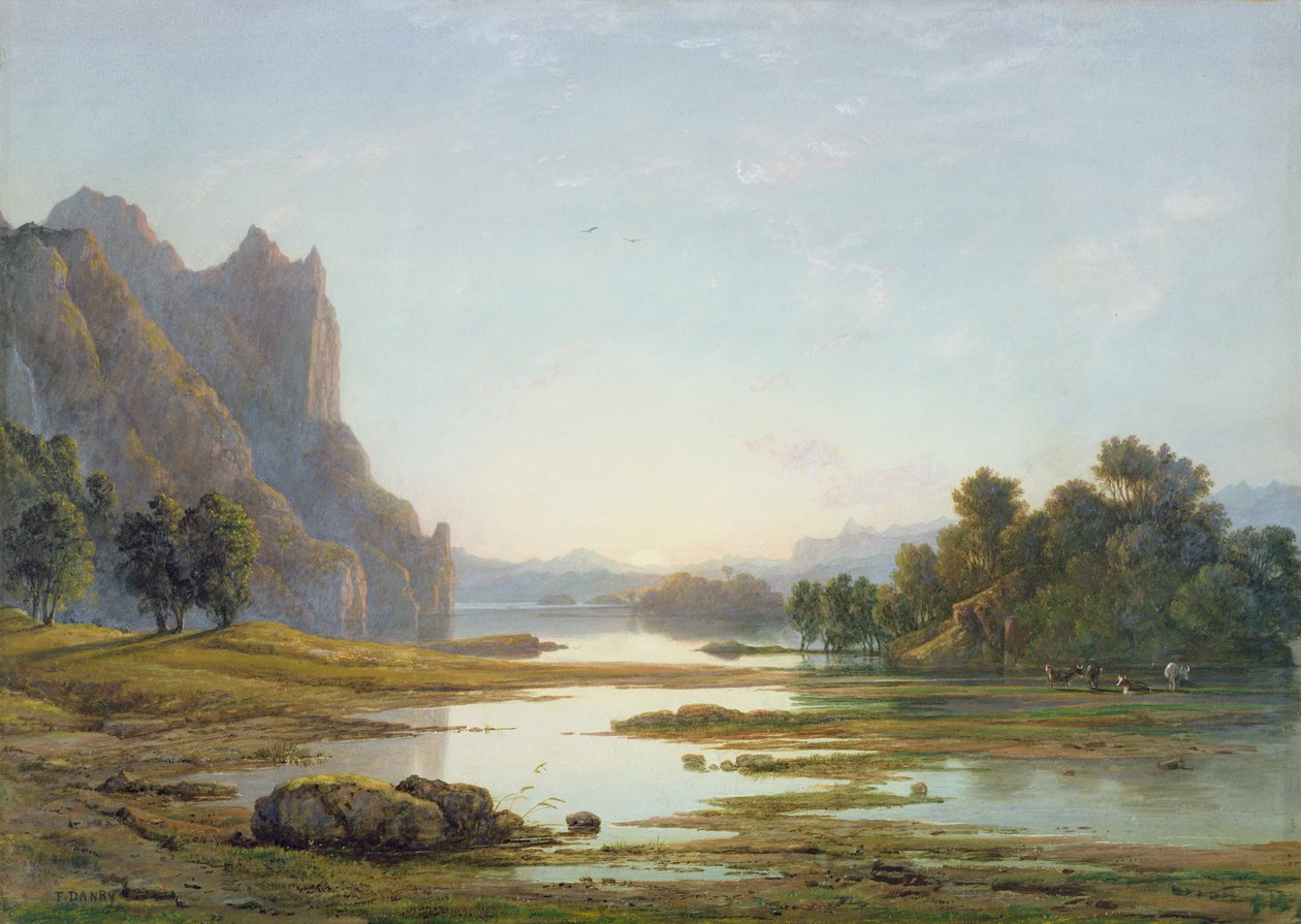 Auringonlasku jokimaiseman yllä, n. 1840 (wc, vartaloväri grafiitin päällä paperilla) tekijältä Francis Danby