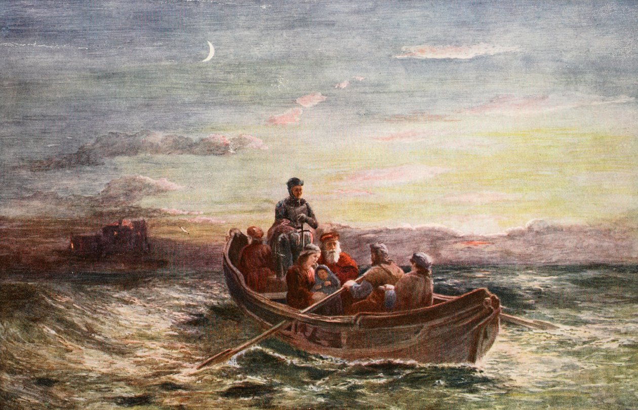 Skottien kuningattaren Maryn pako Loch Levenin linnasta, kuvitus "Hutchinsonin tarinasta brittiläisestä kansasta", n. 1923 tekijältä Francis Danby