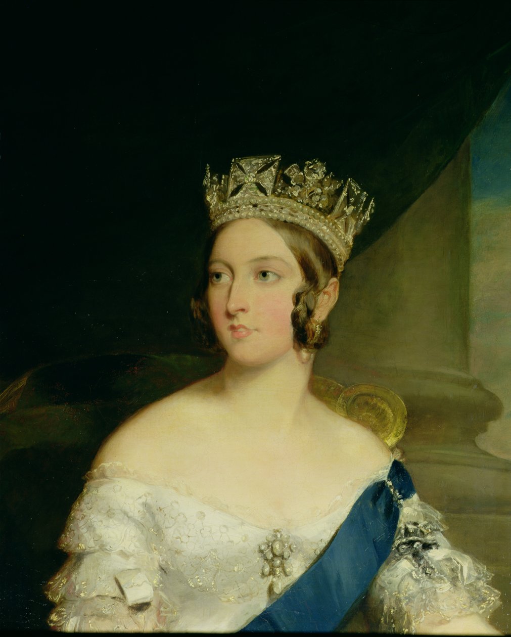 Kuningatar Victorian muotokuva, 1843 (27150:n yksityiskohta) tekijältä Francis Grant
