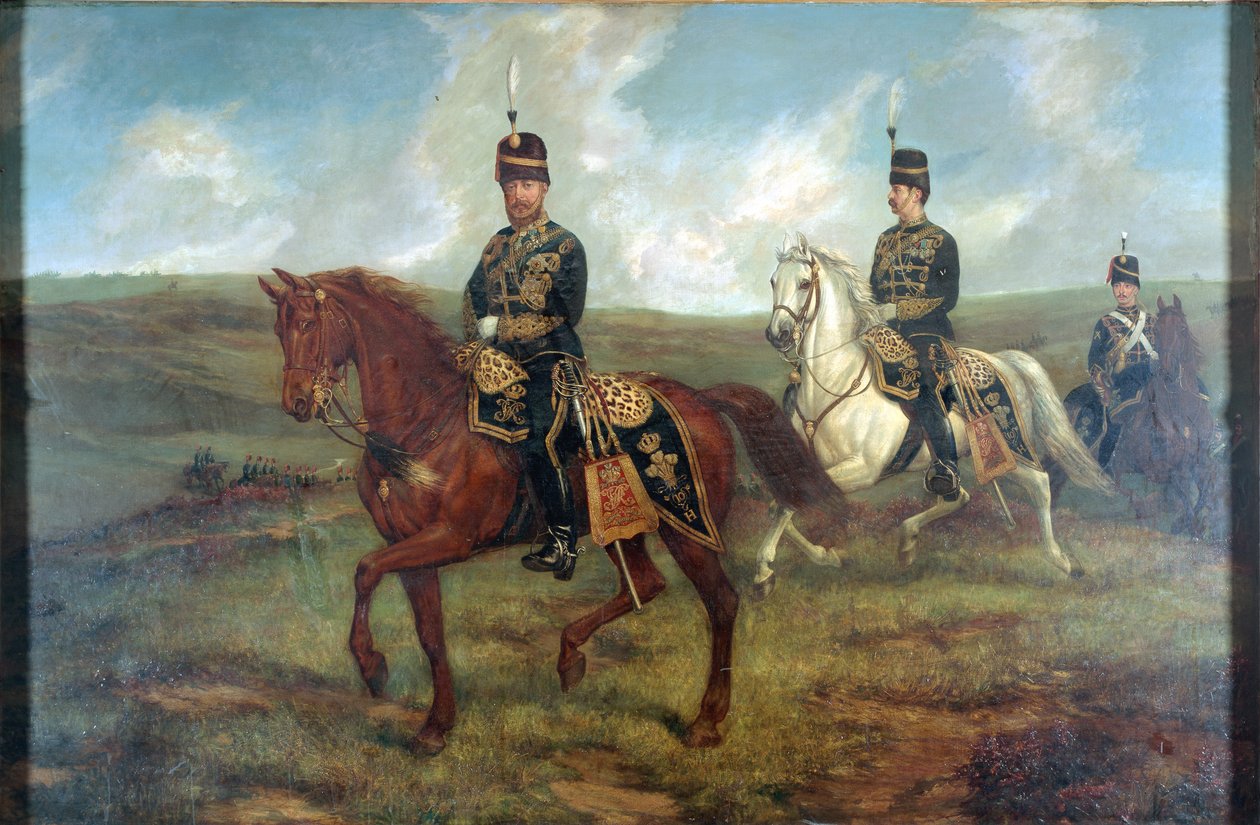 Walesin prinssi (1841-1910) everstiluutnantti Valentine Bakerin (1827-87) kanssa tarkastelemassa 10. husaria, Aldershot, 8. syyskuuta 1871, noin 1871 (öljy kankaalle asetettuna alukselle) tekijältä Francis Grant