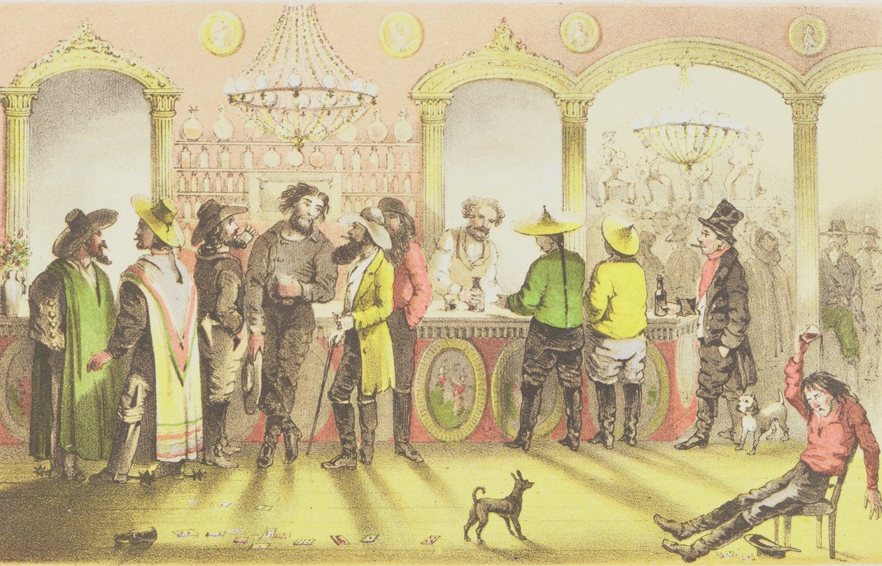 Uhkapelisalonin baari, kaiverrus J. Brandard, 1855 tekijältä Francis Samuel Marryat